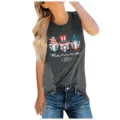 Detailed view showing the dark grey sleeveless tank top with cute patriotic gnome print. - S / Tops / Gray