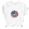 Classic white short-sleeve t-shirt featuring a vintage US flag sunflower graphic and cute hem knot. - S / Tops / White