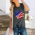Detailed view of the American flag sunflower print sleeveless summer tank top in dark grey. - S / Tops / Gray