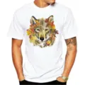 Detailed view of the men's white short-sleeve t-shirt featuring a watercolor wolf print. - S / Top-Watercolor Wolf Head (4)
