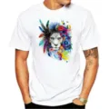 Men's casual white short-sleeve t-shirt featuring a vibrant watercolor lion and floral graphic print. - Top-Watercolor Lion Floral (10)