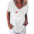 Dames v-hals korte mouw t-shirt kerst casual wit topje met 2021 hello grafische print - S / Tops / Wit