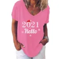 Dames V-hals korte mouw t-shirt met kerst print casual vakantie bovenkleding mode - S / Tops / Roze