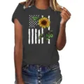 Women short sleeve t-shirt casual top with sunflower and US flag print for daily wear. - Dark Gray