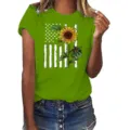 Women green short sleeve t-shirt casual crewneck american flag sunflower graphic tee top - Fruit Green