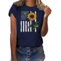 Women's Navy Blue Short Sleeve T-Shirt American Flag Sunflower Graphic Casual Tee - Navy Blue