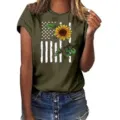 Army green short sleeve t-shirt with American flag sunflower print detail close up shot - Army Green