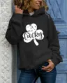 Sweat à capuche noir décontracté pour femme avec imprimé trèfle blanc lucky pour le quotidien. - S / Hauts / Noir
