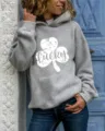 Grey casual hooded sweatshirt with lucky clover graphic and long sleeves for everyday wear. - Gray