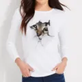 Detailed view of the 3D cat print on the white long sleeve t-shirt, showing vivid graphics. - S / Tops / White (Style 1)