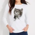 Close-up detail view of the 3D cat graphic print on white long sleeve t-shirt, soft fabric. - S / Tops / White (Style 2)