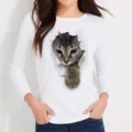 Close-up view of the 3D realistic tabby cat print graphic on white long sleeve top. - S / Tops / White (Style 3)