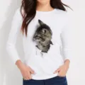 Close-up detail of white long-sleeve t-shirt featuring 3D realistic kitten print design. - White (Style 5)
