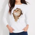 Women white long sleeve t-shirt featuring a cute 3D torn cat print casual cotton top. - White (Style 9)