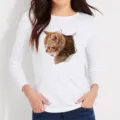 Women's cute 3D cat print long sleeve t-shirt casual white cotton top for daily wear - White (Style 11)