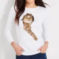 Detailed view of white long sleeve t-shirt featuring creative 3d cute cat print design. - White (Style 12)