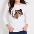 Women cute 3d cat print long sleeve t-shirt casual white crew neck top for daily wear - White (Style 7)