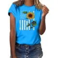 Close-up detail of women short sleeve tee with American flag sunflower graphic print. - Bright Blue