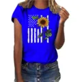 Women blue short sleeve t-shirt featuring American flag and sunflower print casual top. - Sapphire Blue