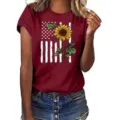 Close up detail of women casual t-shirt featuring American flag sunflower print graphic. - Burgundy