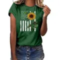 Women short sleeve t-shirt casual summer top with american flag sunflower graphic print - S / Tops / Green
