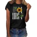 Women short sleeve t-shirt casual summer top with american flag sunflower graphic print tee. - S / Tops / Black