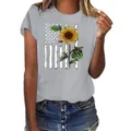 Women's Gray Short Sleeve T-Shirt American Flag Sunflower Graphic Casual Summer Top Tee - S / Tops / Gray