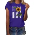 Womens short sleeve t-shirt featuring US flag sunflower print casual summer top apparel. - S / Tops / Purple