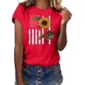 Red short sleeve t-shirt for women featuring a stylish US flag and sunflower graphic print. - Red