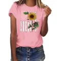Women short sleeve t-shirt casual summer graphic tee with sunflower and american flag print top - Pink