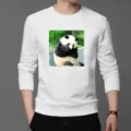 Ανδρικό λευκό φούτερ χαλαρής γραμμής με στρογγυλή λαιμόκοψη και χαριτωμένο τύπωμα πάντα - S / Tops / Meng Lan που Δαγκώνει το Χέρι