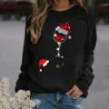 Christmas wine glass print long sleeve crewneck black sweatshirt for women casual holiday top - Black