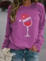 Christmas wine glass rhinestone print crewneck long sleeve purple sweatshirt for women - Purple