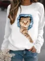 Vista detallada del estampado de gato 3D en la sudadera blanca casual de manga larga. - S / Tops / Blanco