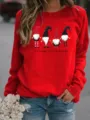 Christmas gnome print fleece sweatshirt for women, cozy casual red pullover top. - S / Tops / Red