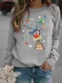 Cozy grey fleece-lined pullover sweatshirt featuring a colorful artistic Christmas reindeer print. - S / Tops / Gray