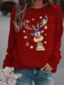 Felpa girocollo a maniche lunghe con stampa renna di natalizia da donna pullover felpato casual - Borgogna