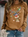 Felpa donna Natale renna stampa maniche lunghe girocollo marrone casual elegante. - Cachi