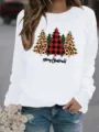 Witte fleece sweatshirt met lange mouwen en luipaard ruit boom print voor kerstmis. - S / Tops / Wit