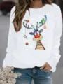 White Christmas Reindeer Print Long Sleeve Fleece Sweatshirt, Casual Pullover Top - S / Tops / White