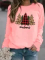 Vista dettagliata della felpa rosa natalizia con stampa di alberi, pullover casual manica. - Rosa