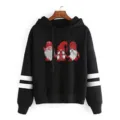 Black hooded sweatshirt featuring double white sleeve stripes and a cute festive gnome graphic. - Black