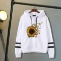White hoodie sweatshirt featuring sunflower and butterfly print, casual long sleeve top. - 3XL / Tops / White