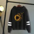 Women casual long sleeve black hoodie sweatshirt with sunflower butterfly print and stripes. - 3XL / Tops / Black