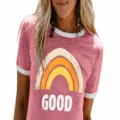 Γυναικείο casual κοντομάνικο t-shirt με vintage rainbow print και σχέδιο για το καλοκαίρι - S / Tops / Ροζ