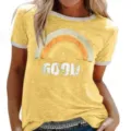 Γυναικείο casual κοντομάνικο κίτρινο t-shirt με σχέδιο vintage ουράνιο τόξο κορυφή - S / Tops / Κίτρινο