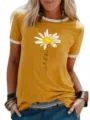 Women short sleeve ringer t-shirt mustard yellow daisy print casual summer top tee - S / Tops / Yellow