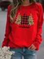 Kerst trui met lange mouwen, luipaard en ruit patroon dennenbomen, casual feestelijk topje. - S / Tops / Rood