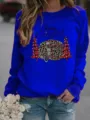 Christmas print fleece sweatshirt detail view, casual crewneck long sleeve pullover top for women. - Blue