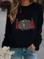 Christmas leopard camper print fleece sweatshirt casual long sleeve pullover top winter - Black